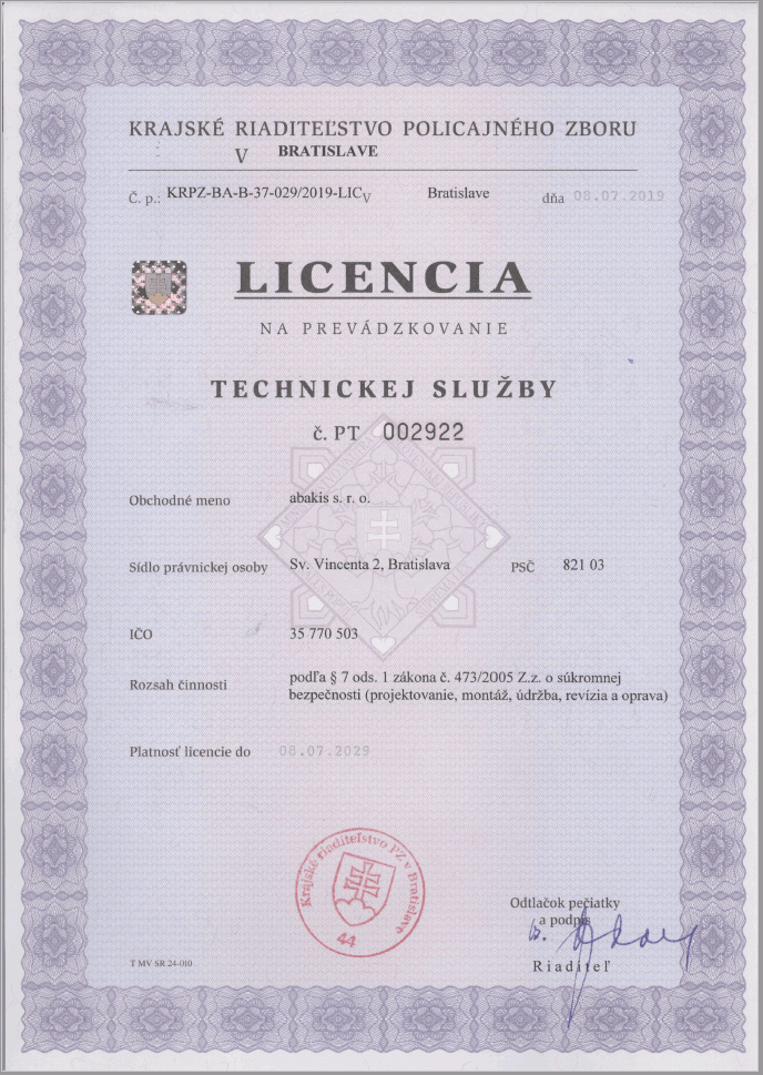 Licencia pre inštaláciu a servis kamerových systémov a alarmov